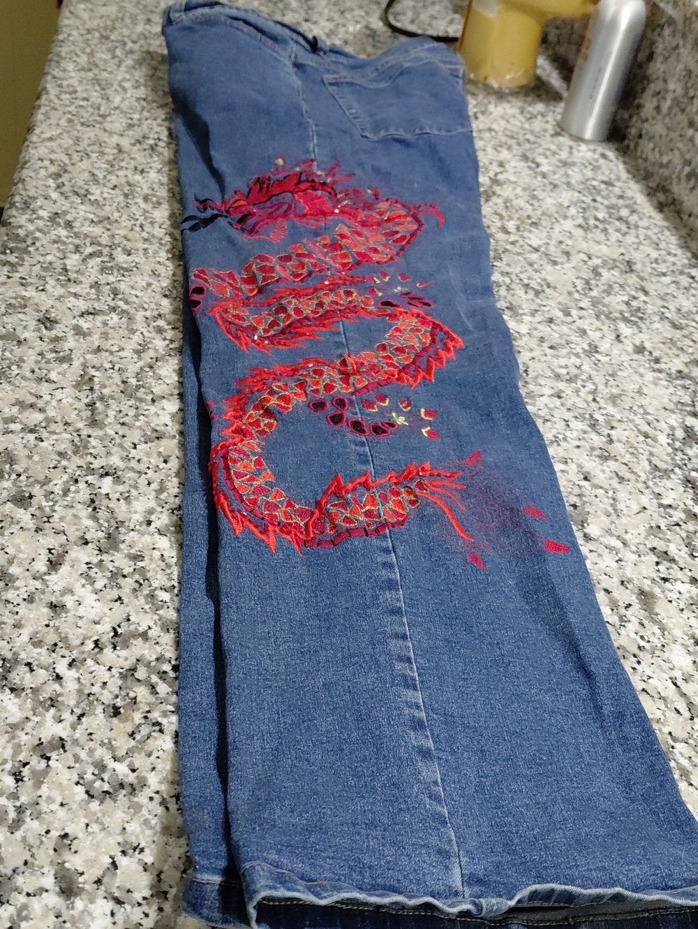 Vanity Blue Straight-Leg Jeans with Red Dragon Embroidery Size 8